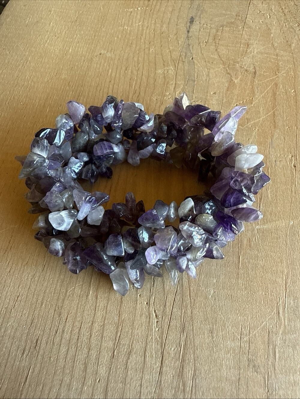 Vintage Bracelet Amethyst Stone Heavy Wide Stretch